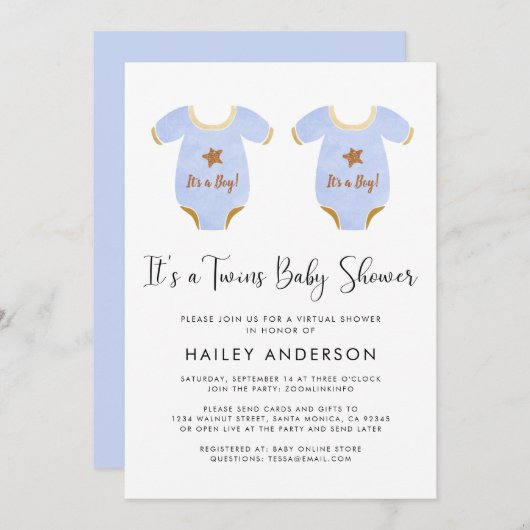 バーチャルツインボーイズウォーターカラーベビーシャワー 招待状 (正面/裏面)