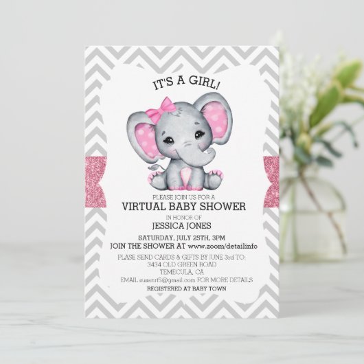 バーチャルピンクエレファントシェブロングリッターベビーシャワー 招待状 (スタンド正面)