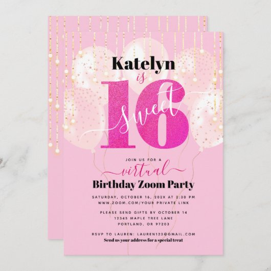バーチャルピンクグリッタースイーツ16誕生日バルーン 招待状 (正面/裏面)