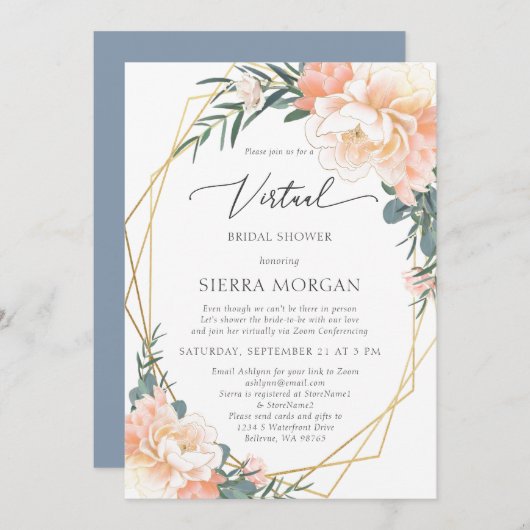 バーチャルピーチフローラ金ゴールドダスティブルーブライダルシャワー 招待状 (正面/裏面)