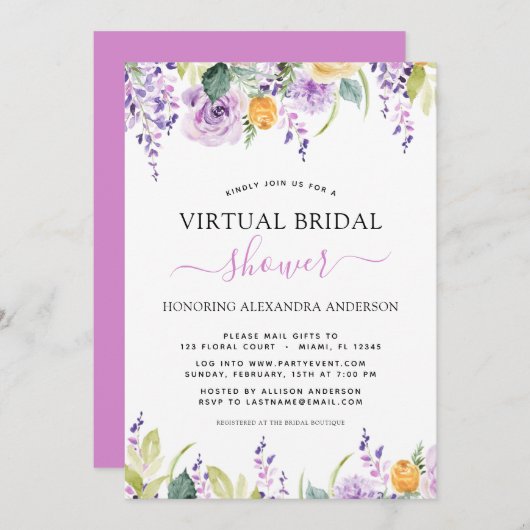 バーチャルブライダルシャワーパープルグリーンリー植物学 招待状 (正面/裏面)