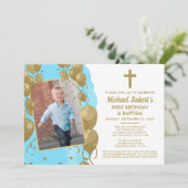 バーチャルブルー金ゴールドバプテスマ1歳の誕生日文字写真 招待状 (スタンド正面)