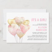 バーチャルベイビーガールシャワーピンクゴールドグリッター風船 招待状 (正面)