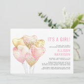 バーチャルベイビーガールシャワーピンクゴールドグリッター風船 招待状 (スタンド正面)