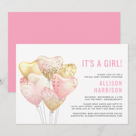 バーチャルベイビーガールシャワーピンクゴールドグリッター風船 招待状 (正面/裏面)