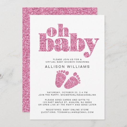 バーチャルベイビーガールシャワー ピンクグリッター 招待状 (正面/裏面)