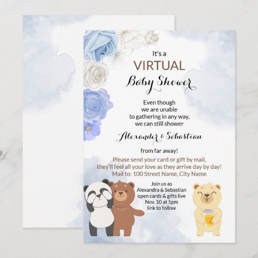 バーチャルベイビーシャワーテディベア 招待状 (正面/裏面)