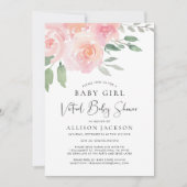 バーチャルベイビーシャワー ガール ピンク フローラル ウォーターカラー 招待状 (正面)