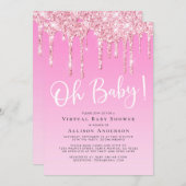 バーチャルベビーガールシャワーグリッタードリップピンク 招待状 (正面/裏面)