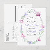 バーチャルベビーガールシャワーパープルフローラ水彩 インビテーションポストカード (正面/裏面)