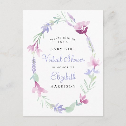 バーチャルベビーガールシャワーパープルフローラ水彩 インビテーションポストカード (正面)