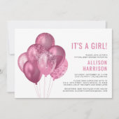 バーチャルベビーガールシャワーピンクグリッターバルーン 招待状 (正面)
