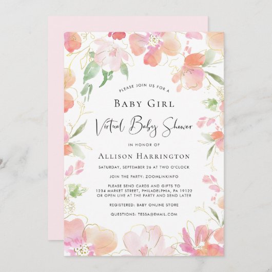 バーチャルベビーガールシャワーピンクフローラ水彩 招待状 (正面/裏面)