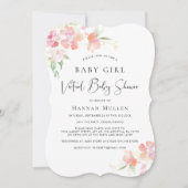バーチャルベビーガールシャワーピンクフローラ水彩 招待状 (正面)