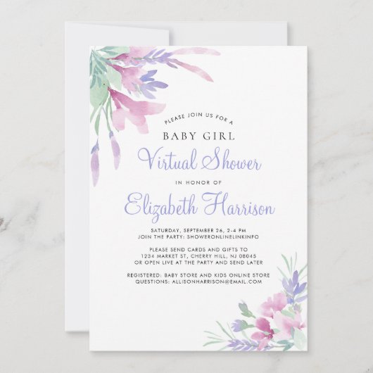 バーチャルベビーガールシャワーフローラ紫の水彩 招待状 (正面)