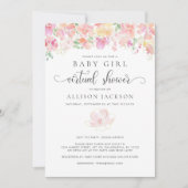バーチャルベビーガールシャワー |ピンクコーラル金ゴールドフローラ 招待状 (正面)