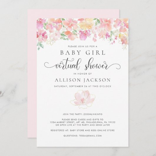 バーチャルベビーガールシャワー |ピンクコーラル金ゴールドフローラ 招待状 (正面/裏面)