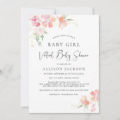 バーチャルベビーガールシャワー |ピンクコーラル金ゴールドフローラ 招待状 (正面)