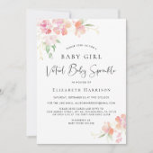 バーチャルベビーガール振りかけるピンクのフローラ水色 招待状 (正面)