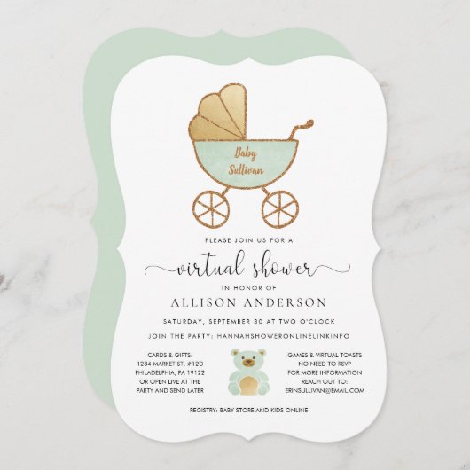 バーチャルベビーシャワーかわいいレトロ台車ミント金ゴールド 招待状 (正面/裏面)