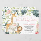 バーチャルベビーシャワーガールピンクのフローラサファリ動物 招待状 (正面/裏面)