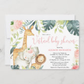 バーチャルベビーシャワーガールピンクのフローラサファリ動物 招待状 (正面)