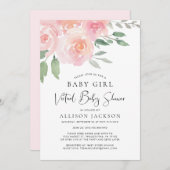 バーチャルベビーシャワーガールピンクフローラ水彩 招待状 (正面/裏面)