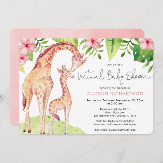 バーチャルベビーシャワーキリンサファリのベビーガール 招待状 (正面/裏面)
