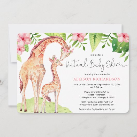 バーチャルベビーシャワーキリンサファリのベビーガール 招待状 (正面)