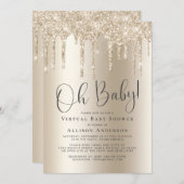 バーチャルベビーシャワーグリッタードリップ金ゴールド 招待状 (正面/裏面)