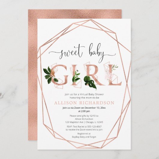 バーチャルベビーシャワースイートベビーガールバラ金ゴールド 招待状 (正面/裏面)