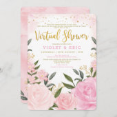 バーチャルベビーシャワーバイメール赤面ピンク金ゴールドバラ 招待状 (正面/裏面)