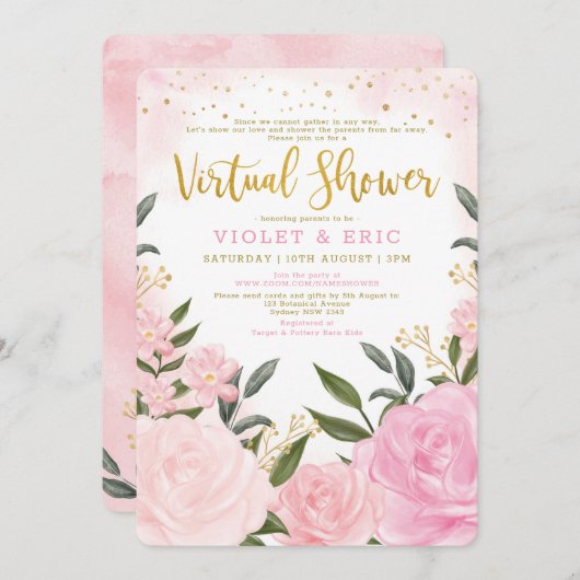 バーチャルベビーシャワーバイメール赤面ピンク金ゴールドバラ 招待状 (正面/裏面)