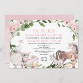 バーチャルベビーシャワーファームの動物納屋周囲の庭ガール 招待状 (正面/裏面)