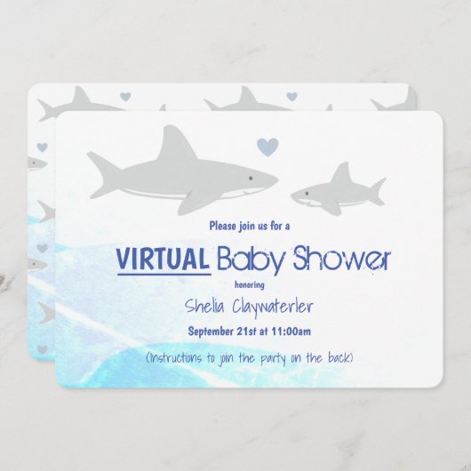 バーチャルベビーシャワーホワイトグレーブルーシャーク漫画 招待状 (正面/裏面)