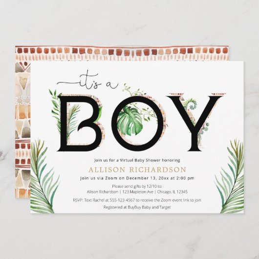 バーチャルベビーシャワーボーイサファリジャングル 招待状 (正面/裏面)