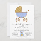 バーチャルベビーシャワーレトロキャリッジグリッターブルー 招待状 (正面)