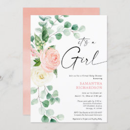バーチャルベビーシャワー春フローラピンク緑 招待状