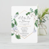 バーチャルベビーシャワー春ブルーフローラ金ゴールドボーイ 招待状 (スタンド正面)