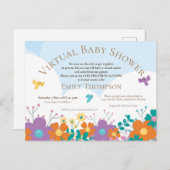 バーチャルベビーシャワー簡単な花模様鳥 インビテーションポストカード (正面/裏面)