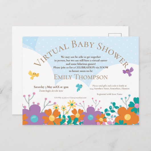 バーチャルベビーシャワー簡単な花模様鳥 インビテーションポストカード (正面/裏面)