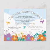 バーチャルベビーシャワー簡単な花模様鳥 インビテーションポストカード (正面)