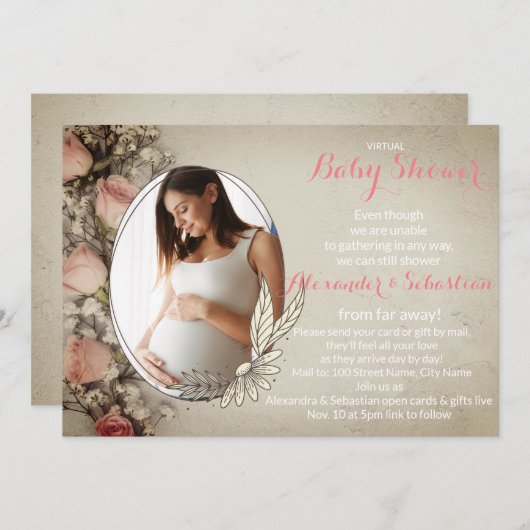バーチャルベビーシャワー編集可能フォト招待状 招待状 (正面/裏面)