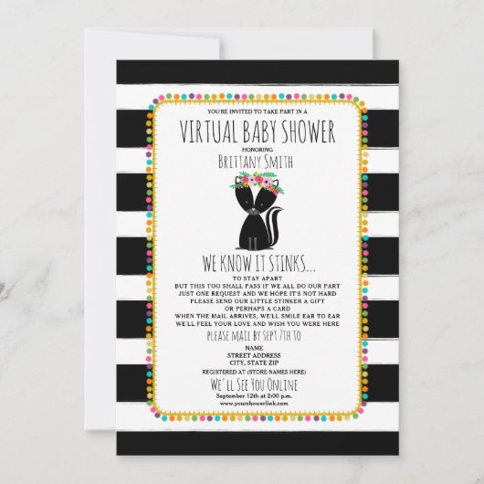 バーチャルベビーソーシャルディスタンシングシャワースクンクガール 招待状 (正面)