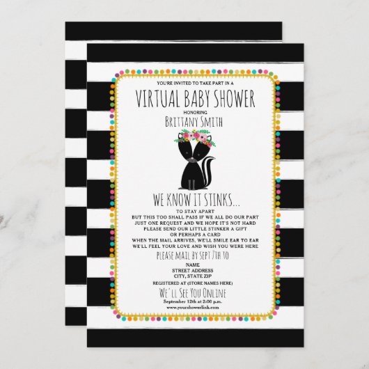 バーチャルベビーソーシャルディスタンシングシャワースクンクガール 招待状 (正面/裏面)