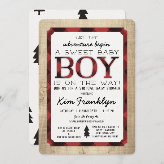 バーチャルランバージャックフランネルボーイベビーシャワー招待状 案内状 (正面/裏面)