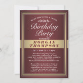 バーチャル任意の誕生日バーガンディーレッド金ゴールドホワイトパーティー 招待状 (正面)