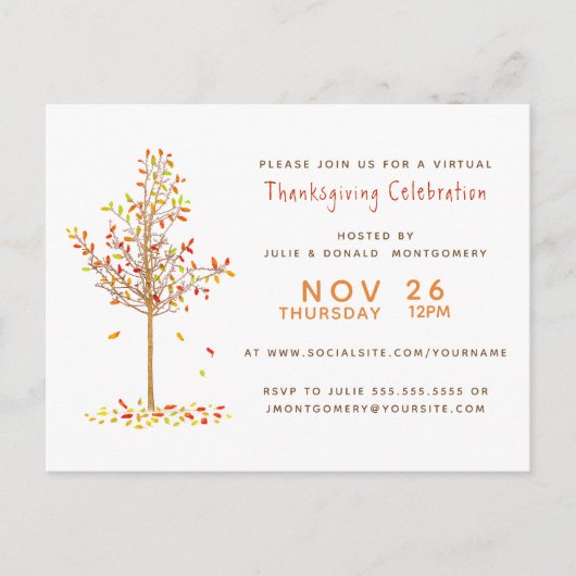 バーチャル感謝祭水彩秋の木葉の インビテーションポストカード (正面)