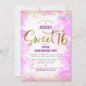 バーチャル甘い16ピンクウォーター金ゴールド誕生日 招待状 (正面)