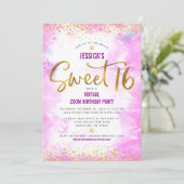 バーチャル甘い16ピンクウォーター金ゴールド誕生日 招待状 (スタンド正面)